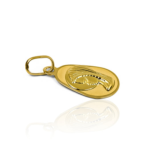 Dije Rostro virgen placa pera I, elaborado en oro 18K por Joyería Caracas, cuenta con garantía de por vida.