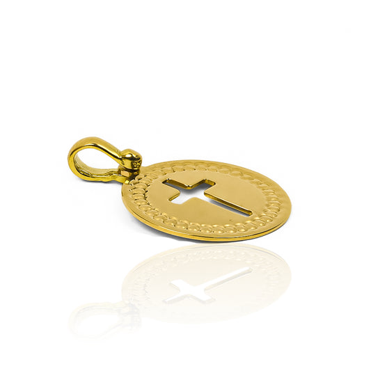 Dije Placa silueta Cruz I, elaborado en oro 18K por Joyería Caracas, cuenta con certificado de calidad y garantía para toda la vida.