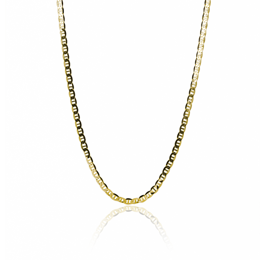 Cadena con estilo de escalera y espejo hecho de Oro de 18K es una pieza única de la Joyería Caracas. Cuenta con garantía de por vida.