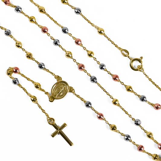 Rosario M Facetado Tres Oros I, fabricado en oro 18K por Joyería Caracas, cuenta con certificado de calidad y garantía para toda la vida.