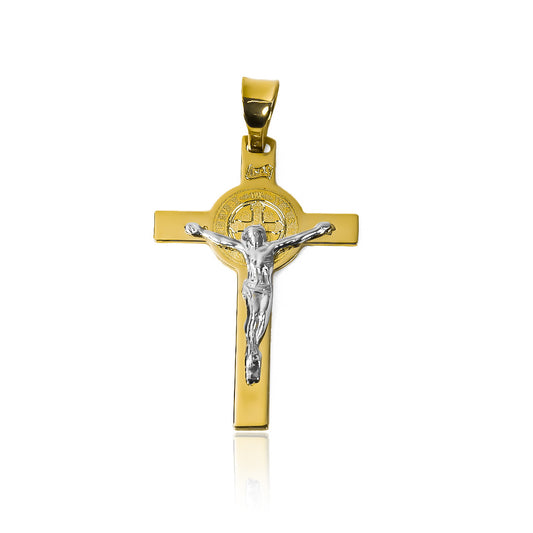 Dije de cruz de San Benito de oro 18k de Joyería Caracas, cuenta con garantía de por vida.
