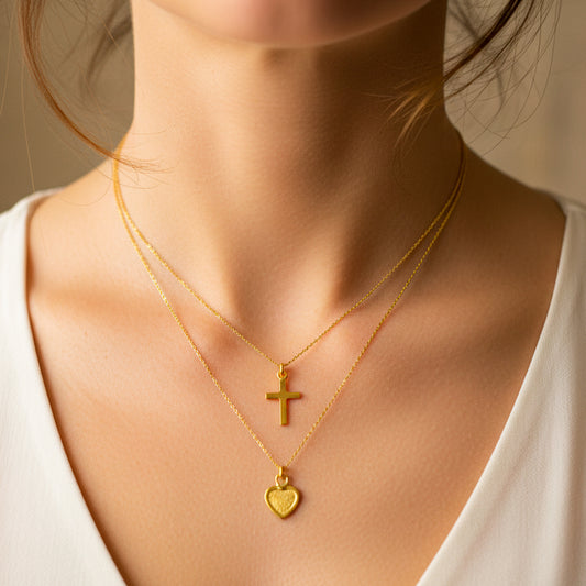 Cuello de mujer usando una gargantilla con dije en forma de cruz y corazón en oro amarillo de 18 quilates de Joyería Caracas.