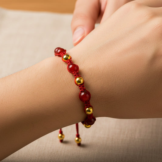 Mano de modelo usando una pulsera tejida en hilo color rojo con esferas lisas en oro amarillo de 18 quilates con bisutería de calidad de Joyería Caracas.