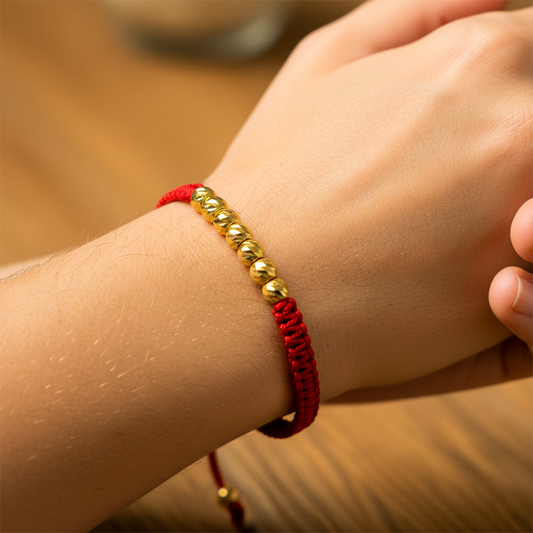 Mano de modelo usando una pulsera tejida en hilo color rojo con esferas facetadas en oro amarillo de 18 quilates de Joyería Caracas.
