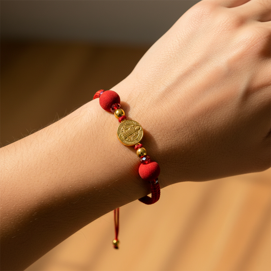 Mano modelo usando una pulsera tejida en hilo color rojo con dije San Benito y esferas lisas en oro amarillo de 18 quilates con bisutería de calidad de Joyería Caracas.