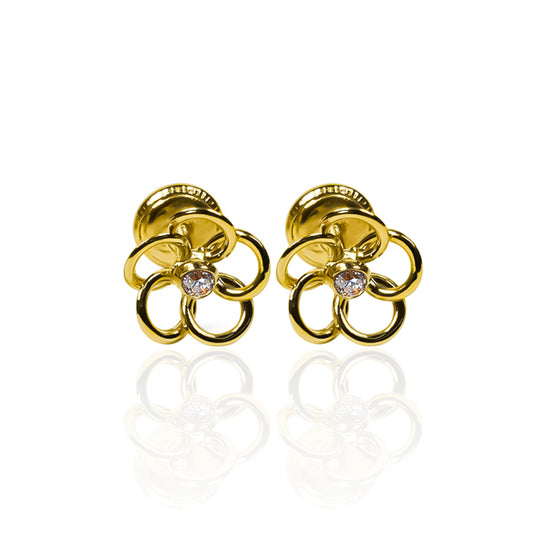 Topitos Flor 5 pétalos cristal S de Oro 18K, cuenta con la garantía de por vida de Joyería Caracas.