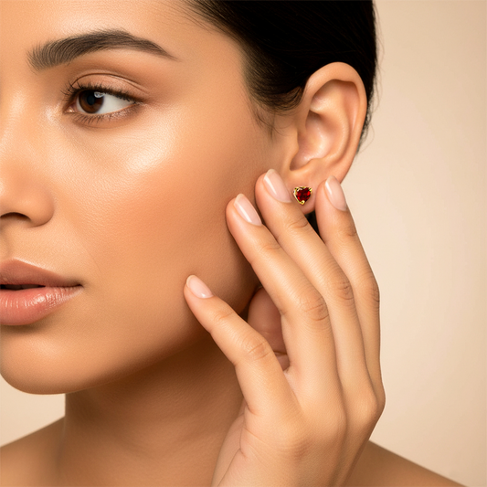 Oreja de modelo usando un topito en forma de corazón en oro amarillo de 18 quilates con cristal de color rojo en forma de corazón de Joyería Caracas.