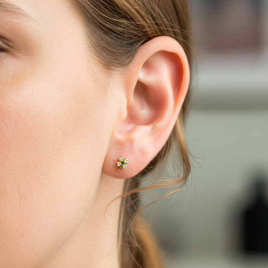 Oreja de modelo usando un topito en forma de trébol en oro amarillo de 18 quilates con cristales verde y blanco de Joyería Caracas.
