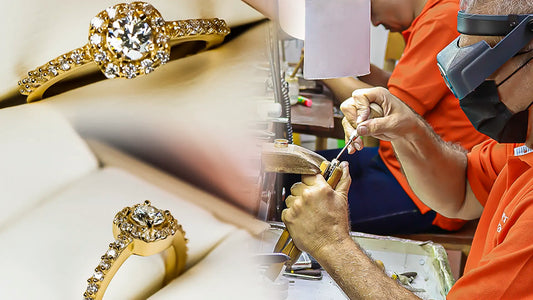 Collage anillo de oro con diamantes y un joyero haciendo una joya de oro
