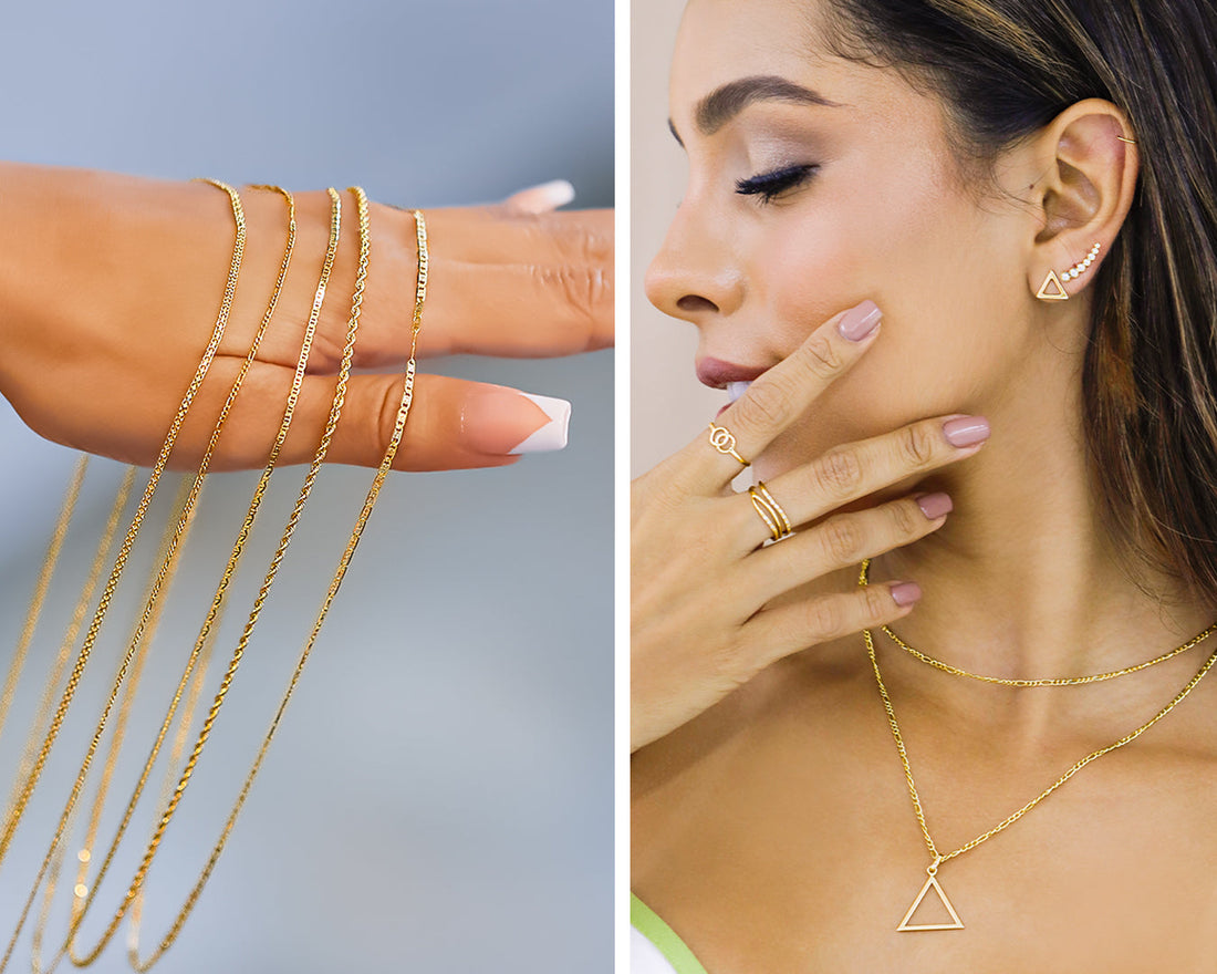 Imagen donde se ve una mano con diferentes cadenas de tejidos y una modelo usando cadenas con dijes en oro amarillo de 18 quilates.