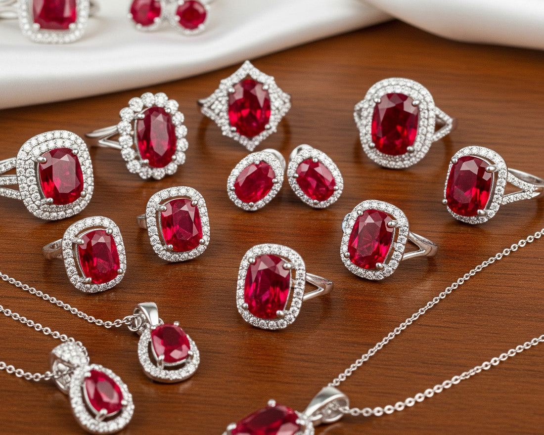Joyas con Rubíes de color rojo con distintos cortes puestos sobre una mesa de color marrón acompañadas con una tela de color blanca satinada.