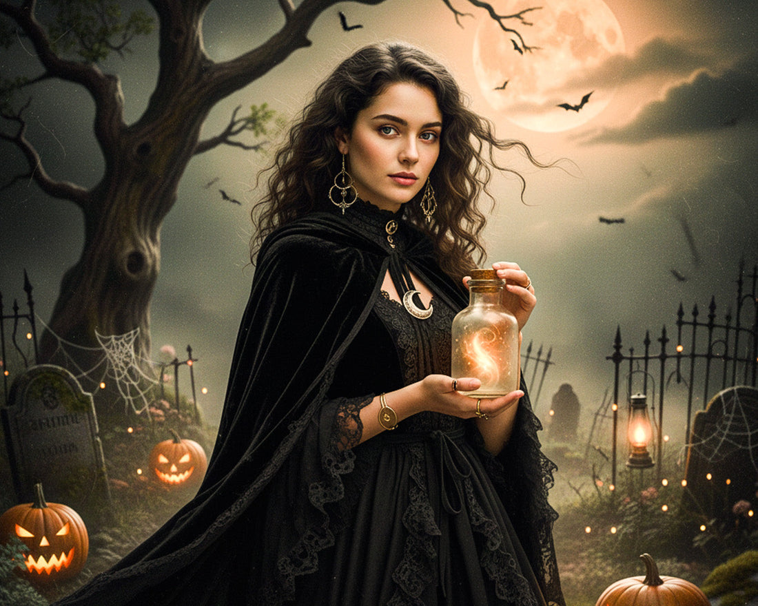 Imagen de una mujer usando accesorios en oro amarillo de 18 quilates en un ambiente de Halloween.