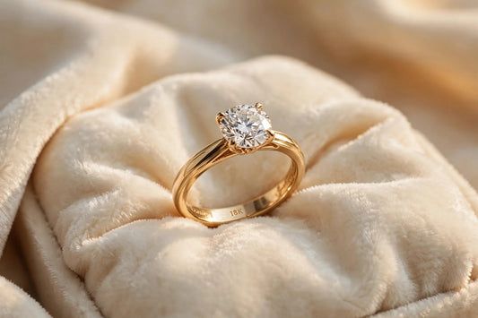 Anillo de oro de 18 quilates con diamante sobre cojín de terciopelo marfil.