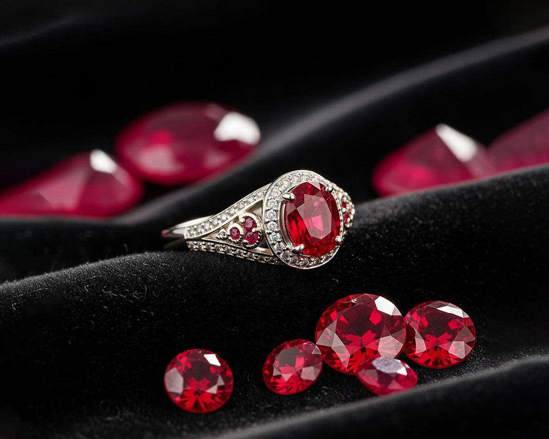 Imagen de un anillo en oro blanco de 18 quilates con piedras preciosas de rubíes de color rojo y esta sobre una tela de color negro con más rubíes.