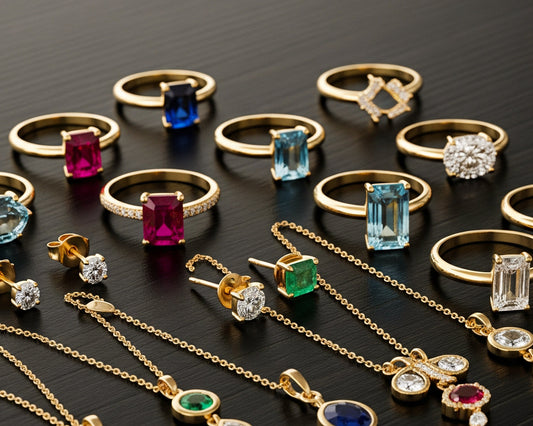 Imagen donde se logra percibir una mesa sobre ella diferentes joyas en oro amarillo de 18 quilates con piedras preciosas.