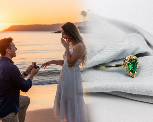 Imagen donde se ve a una joven pareja en la playa, el novio esta pidiéndole matrimonio a la novia arrodillado y una imagen de un anillo de compromiso.