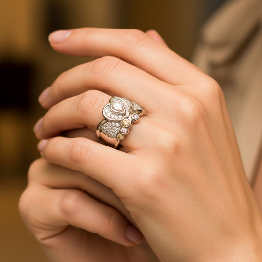 Mano de mujer usando un anillo en oro blanco de 18 quilates con Diamantes blancos y amarillos de Joyería Caracas. 