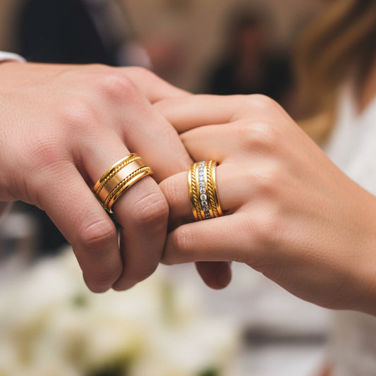 Manos de una pareja usando unas argollas en oro amarillo de 18 quilates con cristales de Joyería Caracas.