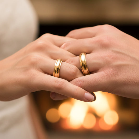 Manos de una pareja usando unas argollas en oro amarillo de 18 quilates de Joyería Caracas.
