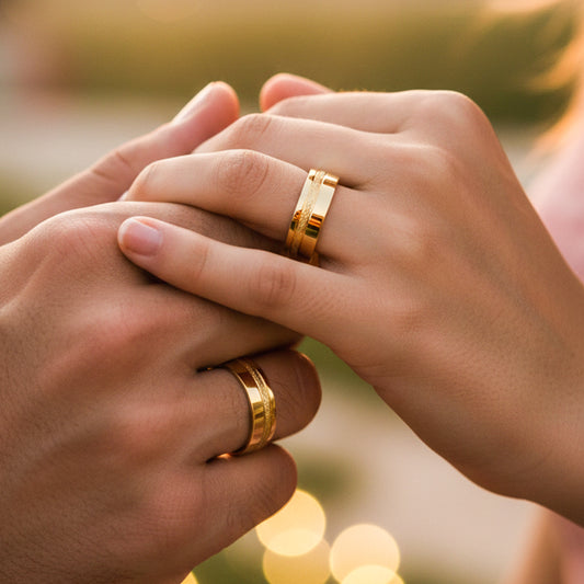 Manos de una pareja usando unas argollas en oro amarillo de 18 quilates de Joyería Caracas.
