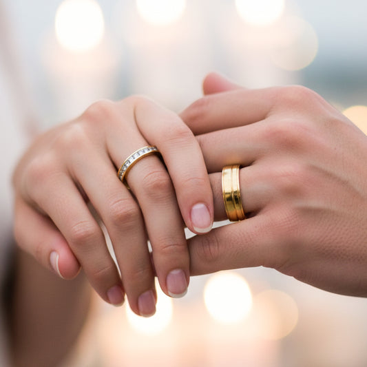 Manos de una pareja usando unas argollas en oro amarillo de 18 quilates con cristales de Joyería Caracas.