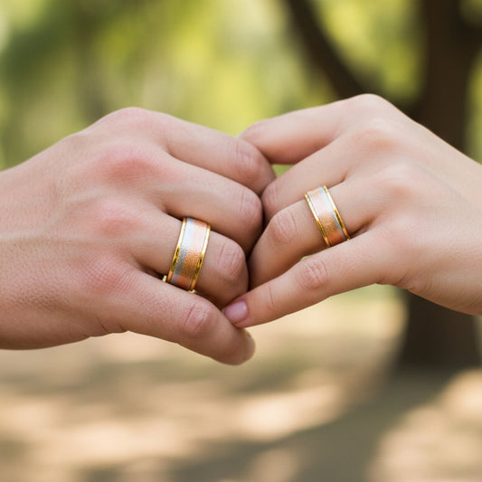 Manos de una pareja usando unas argollas de matrimonio en 3 oros de 18 quilates de Joyería Caracas. 