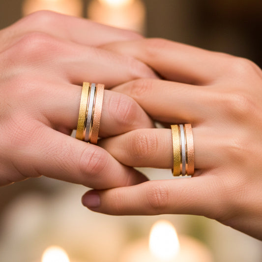 Manos de una pareja usando unas argollas en oro amarillo, blanco y rosa de 18 quilates de Joyería Caracas.