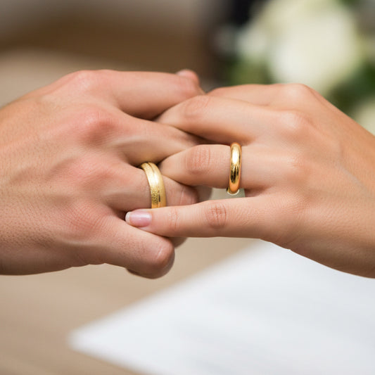 Manos de una pareja usando unas argollas de matrimonio en oro amarillo de 18 quilates de Joyería Caracas.