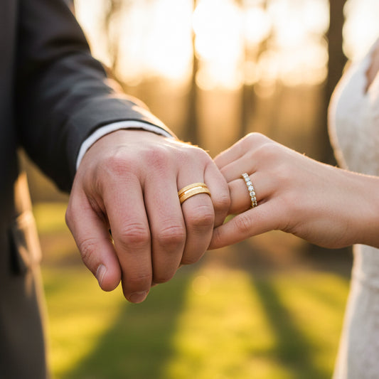 Manos de una pareja usando unas argollas de matrimonio en oro amarillo de 18 quilates con cristales de Joyería Caracas. 