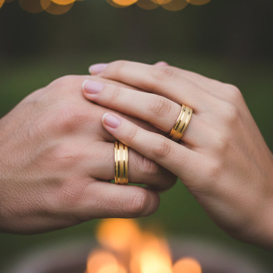 Manos de una pareja usando unas argollas en oro amarillo de 18 quilates de Joyería Caracas.
