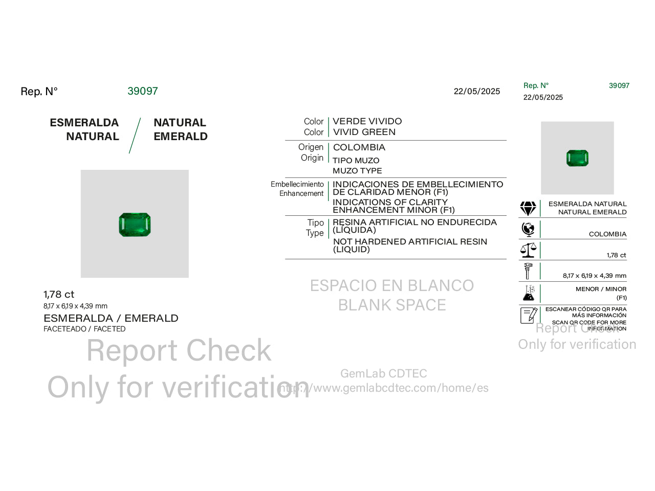Certificado de esmeralda tipo Muzo