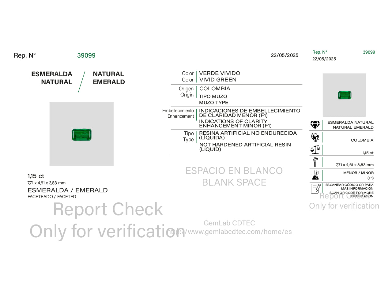 Certificado de autenticidad de esmeralda de 1,15 Ct 