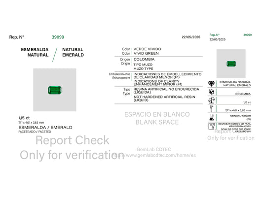 Certificado de autenticidad de esmeralda de 1,15 Ct 