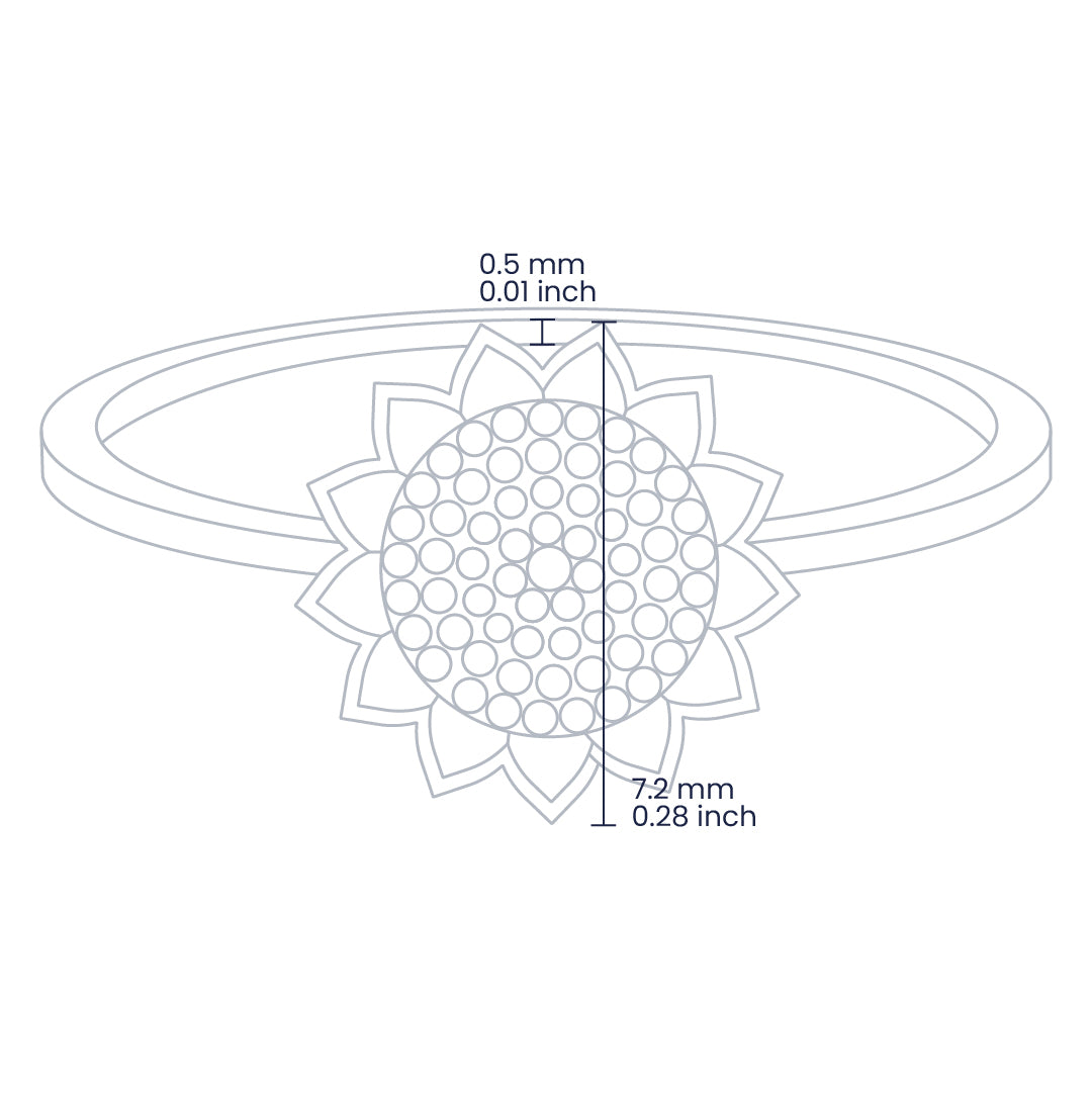 Croquis de un anillo con forma de girasol en el centro en oro amarillo de 18 quilates, fabricado en Joyería Caracas. 