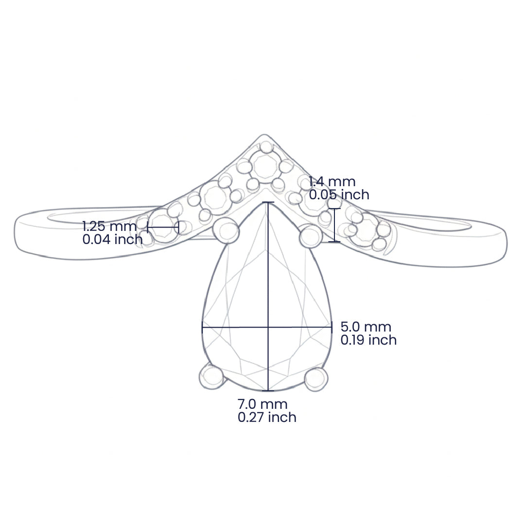 Croquis de un anillo en oro amarillo de 18 quilates con cristal en forma de lágrima en color blanco de Joyería Caracas. 