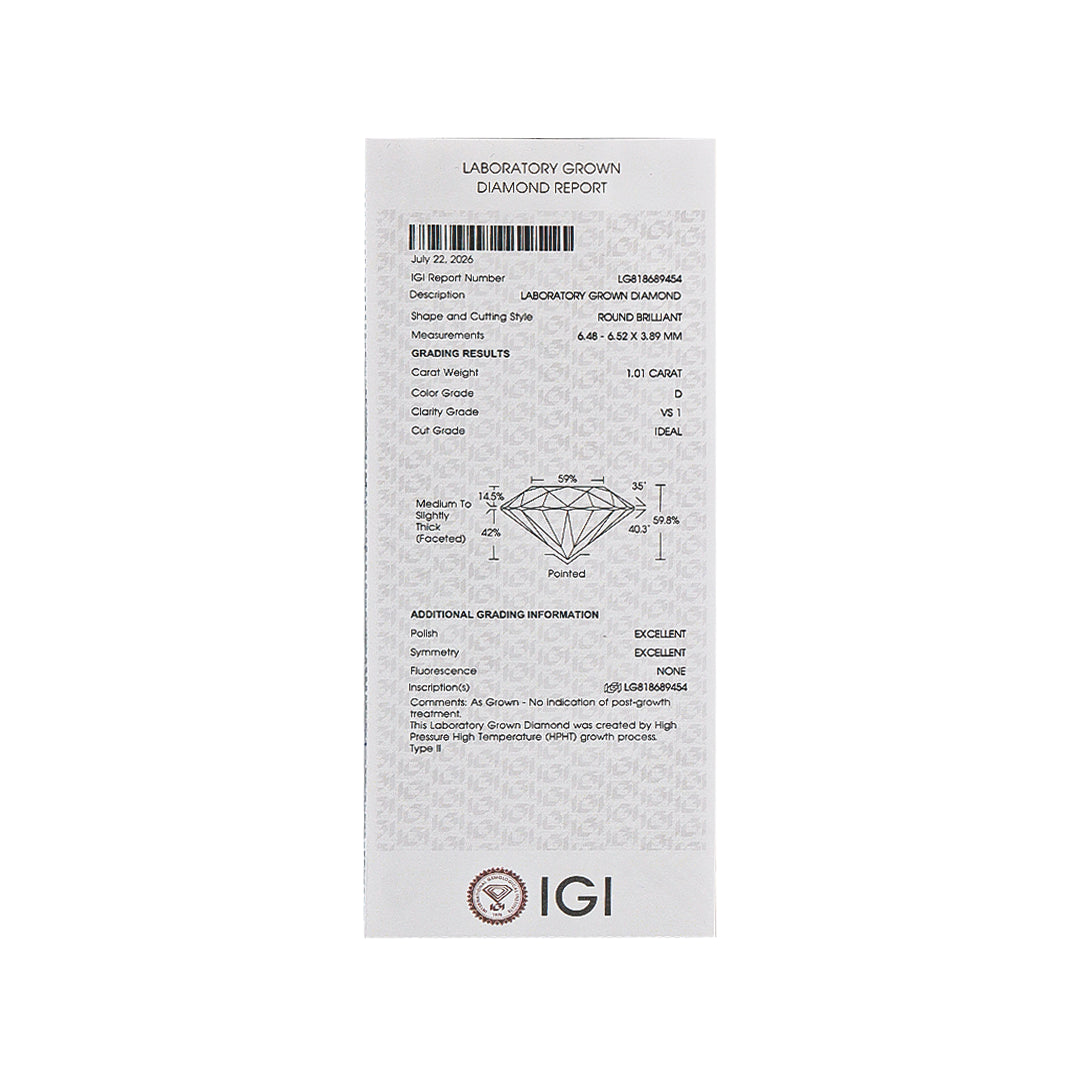 Diamante de Laboratorio Round Brillant 1CT