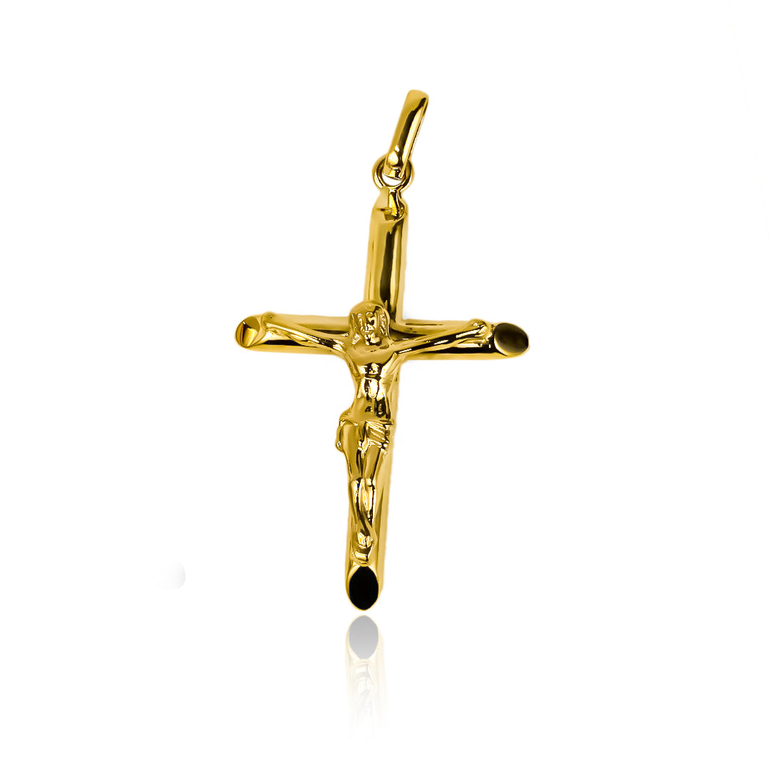 Dije Cruz Cristo tubo Jc, hecho de Oro 18K, es una joya de la prestigiosa Joyería Caracas. Con garantía para toda la vida.