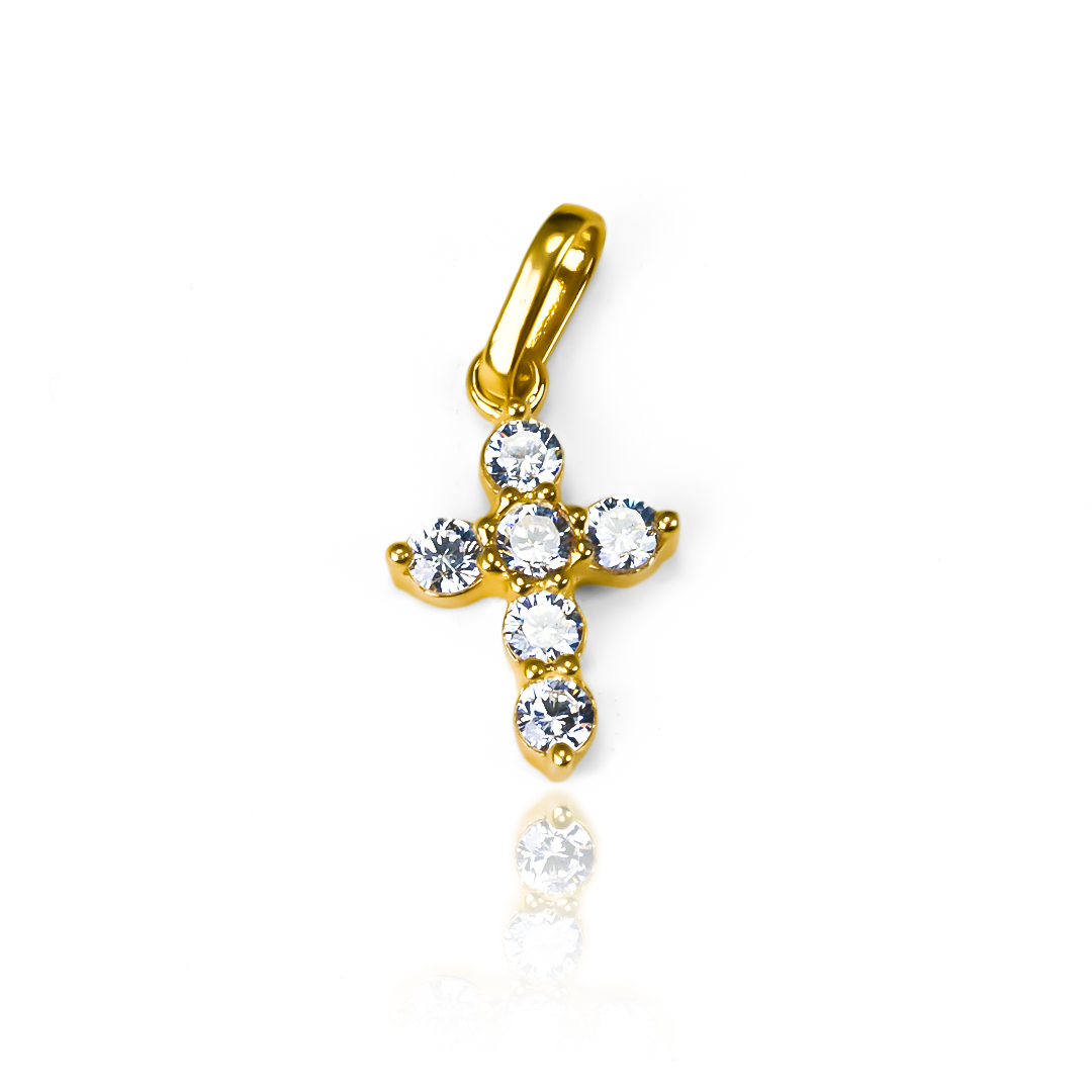 Dije Cruz SM cristales JT está elaborado en oro 18K de Joyería Caracas y cuenta con una garantía para toda la vida.