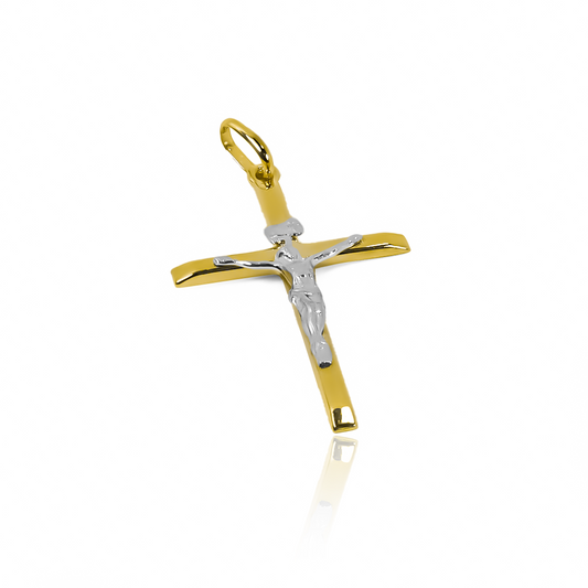 Dije Cruz cristo plano II L bicolor. Con diseño en Oro 18K de la prestigiosa Joyería Caracas y una garantía para toda la vida.