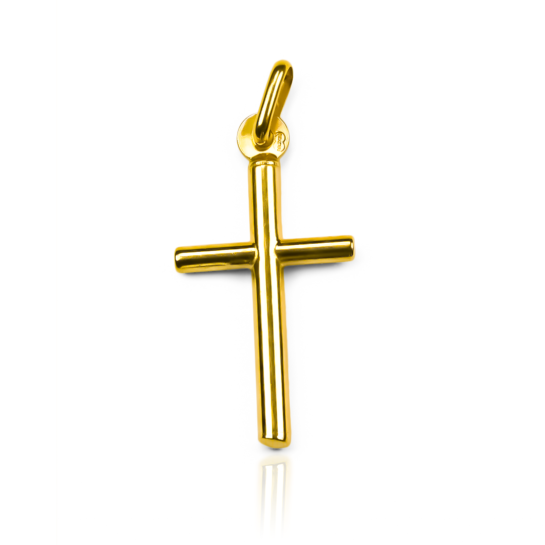 Dije Cruz de tubo MI. Confeccionado en Oro 18K por la exclusiva Joyería Caracas, cuenta con garantía de por vida. 
