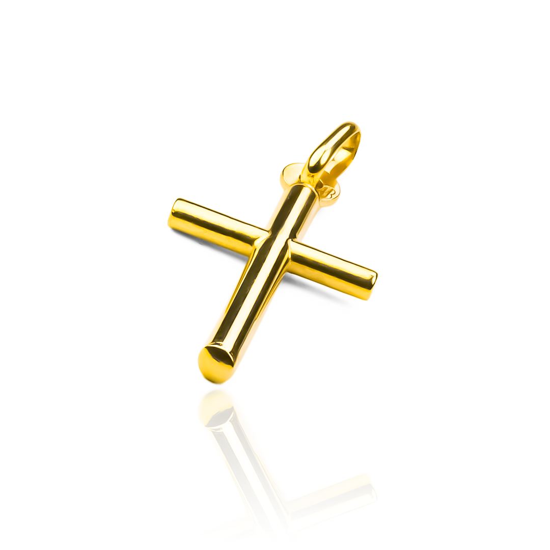 Dije Cruz de tubo MI. Confeccionado en Oro 18K por la exclusiva Joyería Caracas, cuenta con garantía de por vida. 