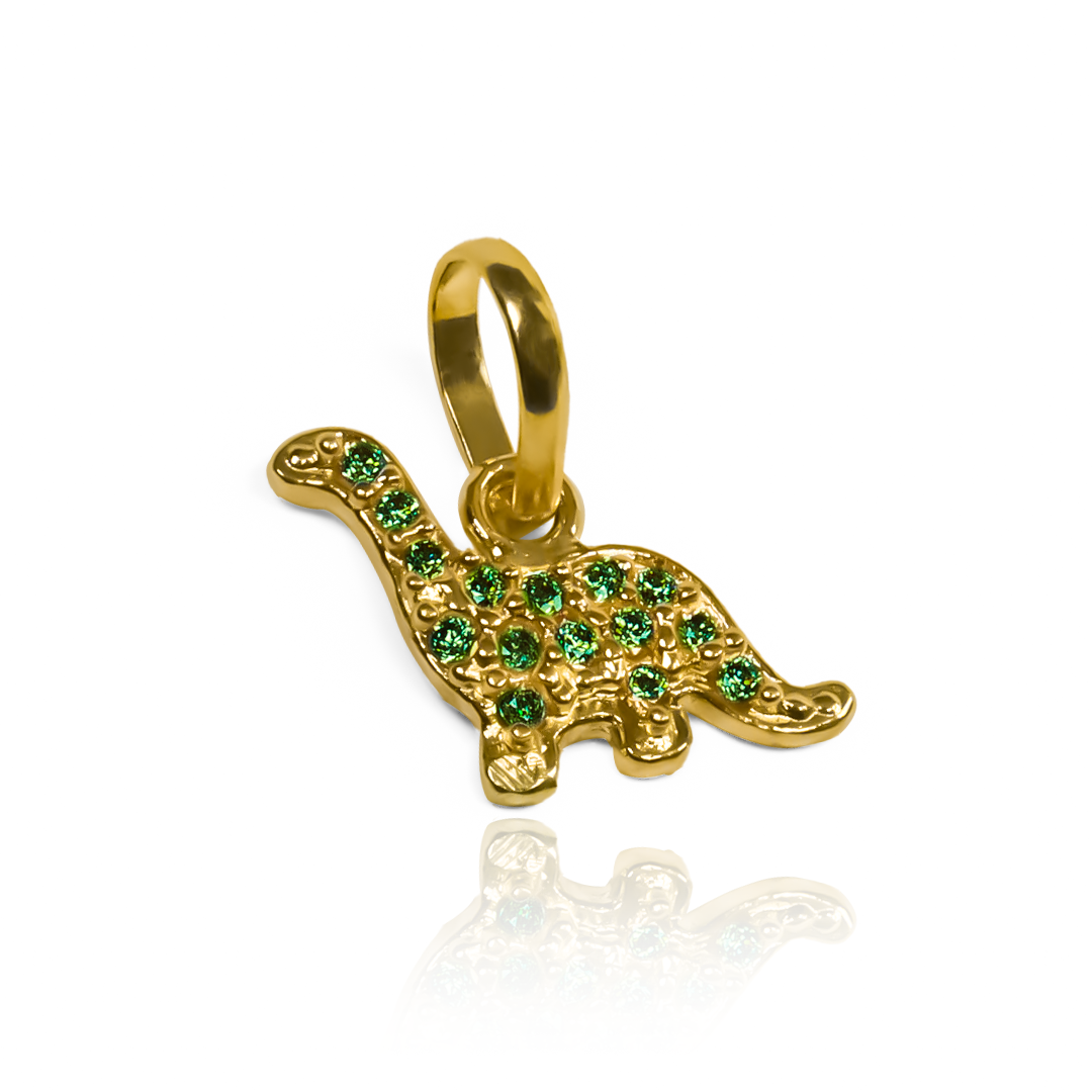 Dije Dino cristales green JT. Hecho con oro de 18K y Joyería Caracas, cuenta con garantía de por vida. 