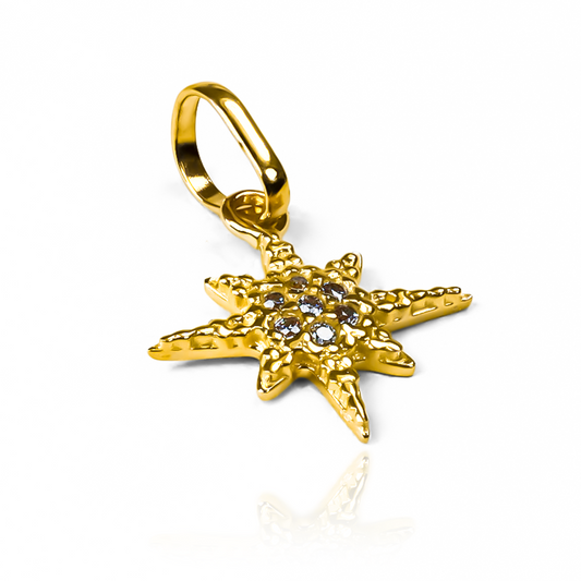 Dije Estrella centro de cristales JT. Confeccionado en oro 18K, este diseño de Joyería Caracas, cuenta con garantía de por vida. 