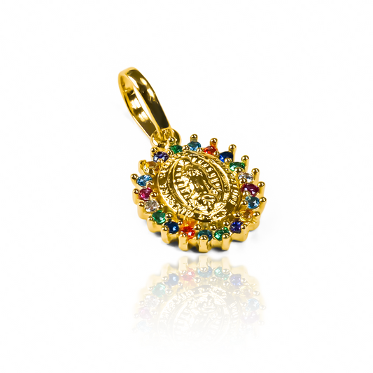 Dije Guadalupe Multicolor M JT. Confeccionado en Oro 18K, esta joya de Joyería Caracas lleva consigo una garantía de por vida.