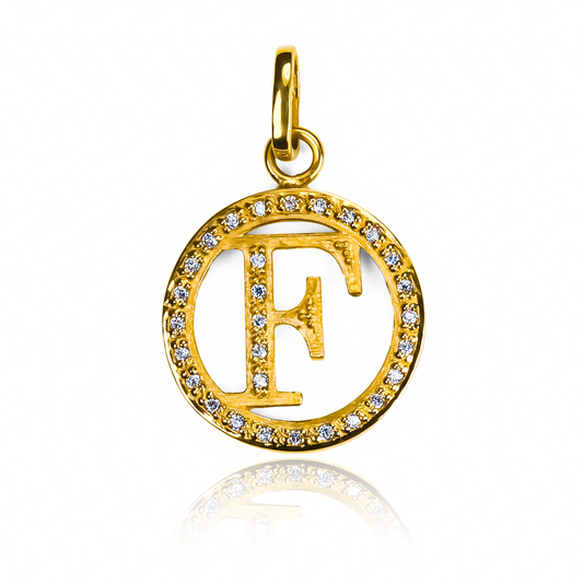 Dije Letra F party cristal JC con oro 18K de Joyería Caracas. Cuenta con garantía de por vida. 