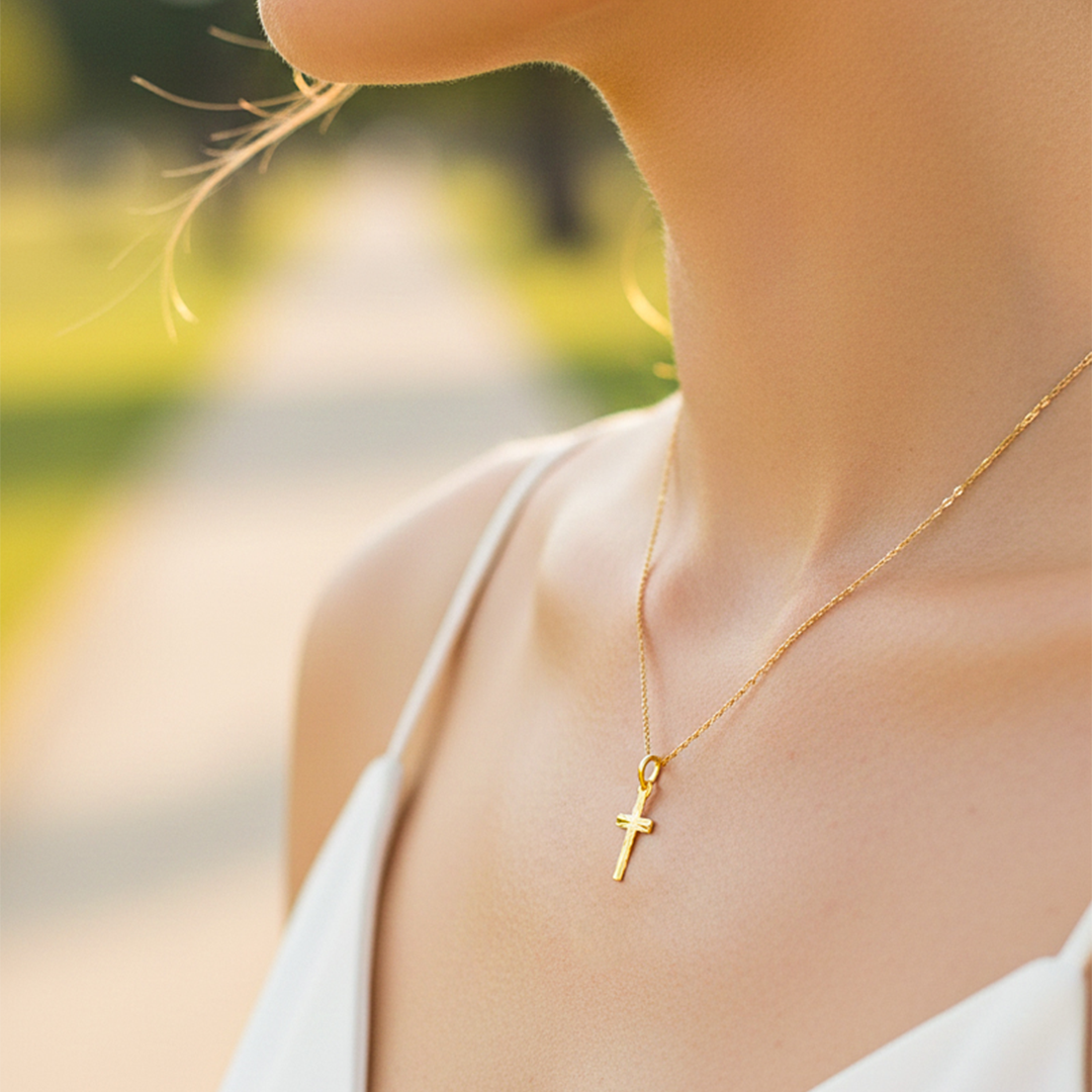 Cuello de modelo usando una cadena con un dije en forma de cruz diamantada mini en oro amarillo de 18 quilates de Joyería Caracas.