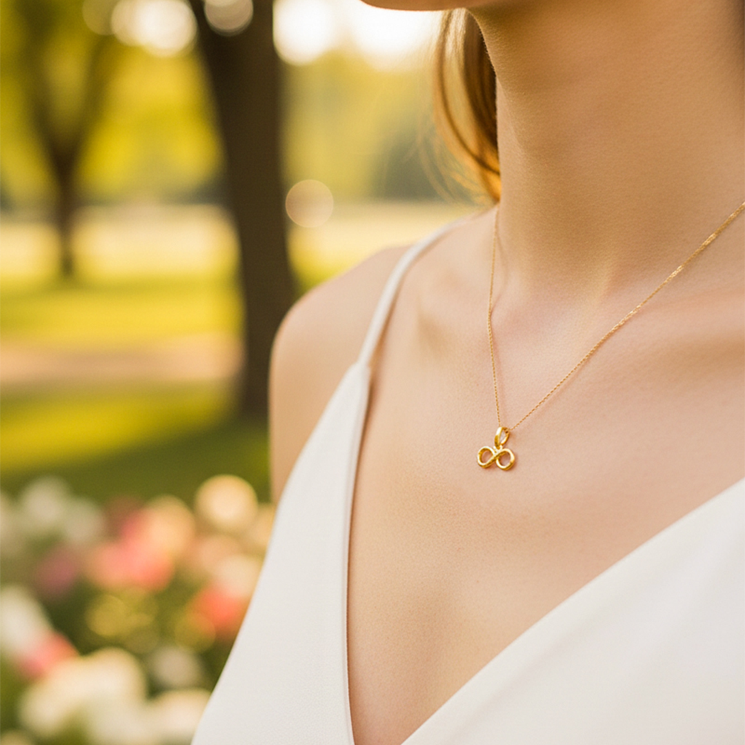 Cuello de modelo usando una cadena con un dije en forma de infinito liso en oro amarillo de 18 quilates de Joyería Caracas.