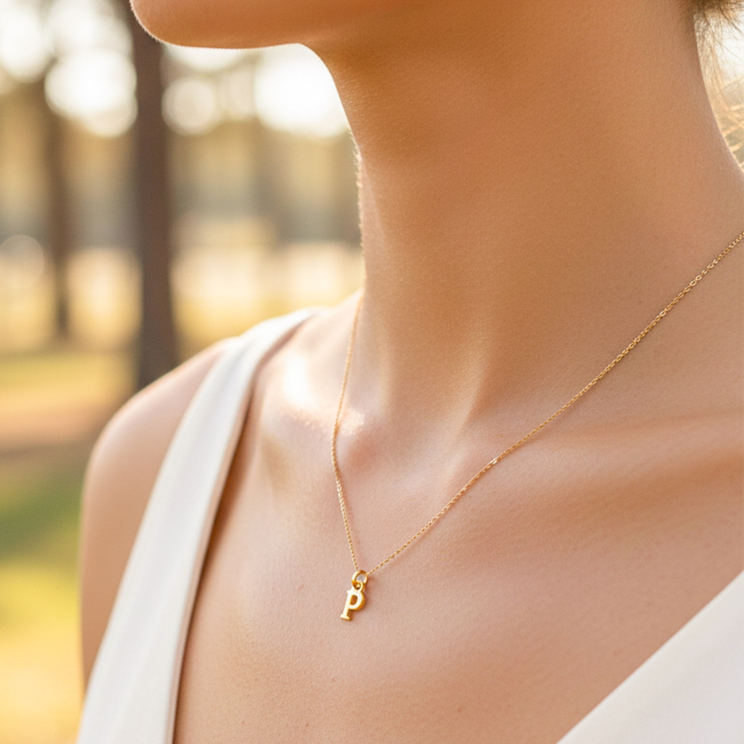 Cuello de modelo usando una cadena con un dije de la letra P en oro amarillo de 18 quilates de Joyería Caracas.