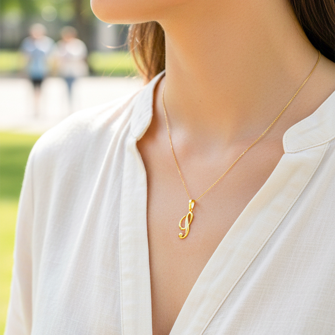 Cuello de modelo usando una cadena con un dije de la letra S cursiva en oro amarillo de 18 quilates de Joyería Caracas.