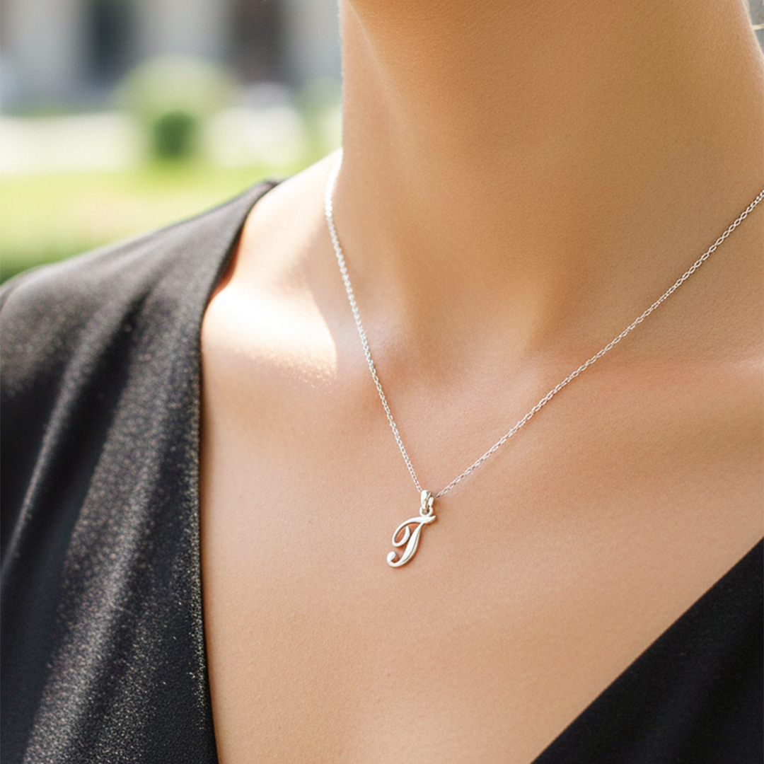 Cuello de modelo usando una cadena con un dije de la letra T cursiva en oro blanco de 18 quilates de Joyería Caracas.